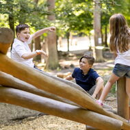 Zwei Jungen und ein Mädchen klettern auf einem Spielgerät aus Baumstämmen im Wildpark Knüll